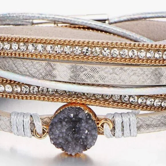 Leather Wrap Bracelets Multi-Layer Crystal Beads Cuff Bracelet Jewelry - AGATE - Picture 7 of 7